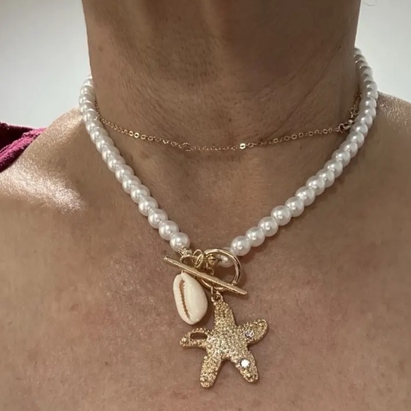 🪸Naitical Starfish & Puka  Shell Beaded Pearl toggle collar necklace & Bracelet - Picture 13 of 16